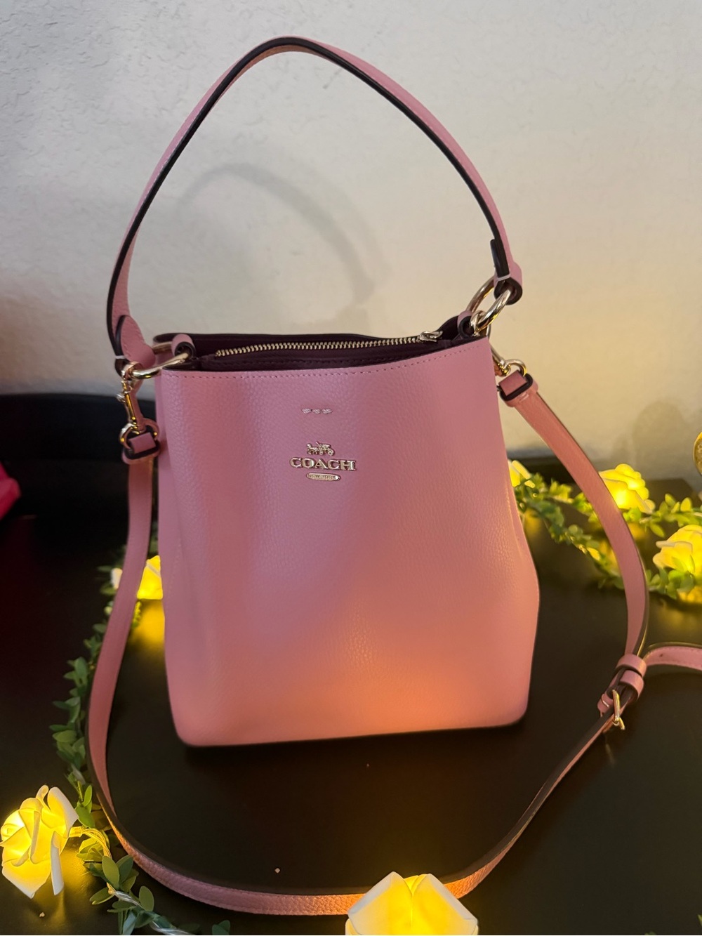 Coach Pink Leather Bucket Shoulder Bag with Gold Hardware